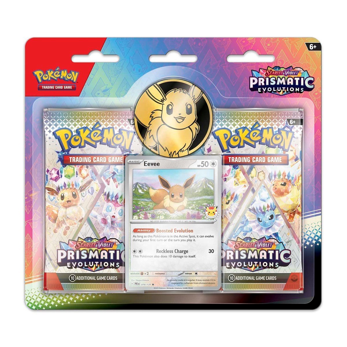 P10994_10-10118-101_01.jpg Pokémon TCG: Scarlet & Violet-Prismatic Evolutions Eevee Card, Coin & 2 Booster Packs - Image 1
